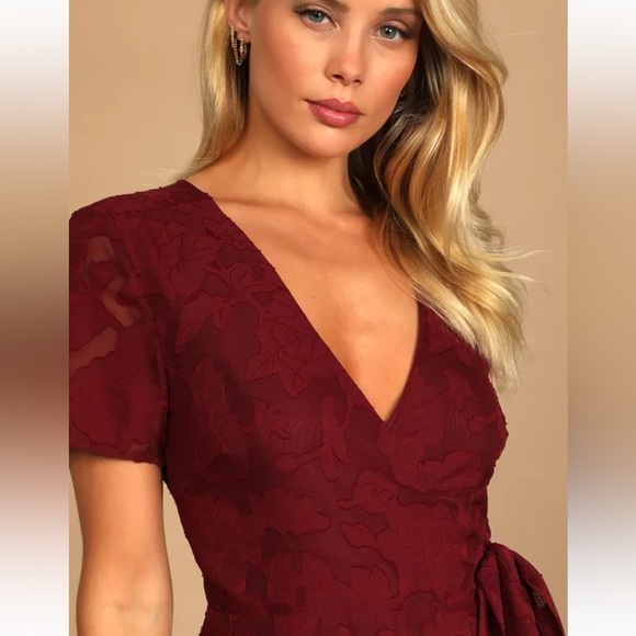 Lulus Blissfully Floral Midi Wrap Burgundy Dress - Picture 5 of 6
